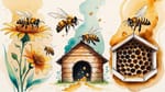 Your Sacred Journey Home: Watercolor illustration showing bee's five-stage journey from flower to honeycomb in flowing golden amber tones.