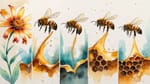 The Honey Process: Watercolor bee transformation process showing pollen collection through honey creation in connected flowing scenes.