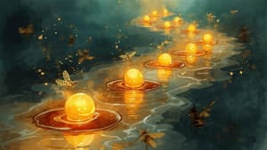 Begin Here: Watercolor winding honey pathway with eleven glowing orbs as stepping stones leading to distant sanctuary.