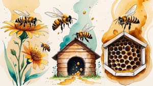 Your Sacred Journey Home: Watercolor illustration showing bee's five-stage journey from flower to honeycomb in flowing golden amber tones.