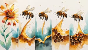 The Honey Process: Watercolor bee transformation process showing pollen collection through honey creation in connected flowing scenes.